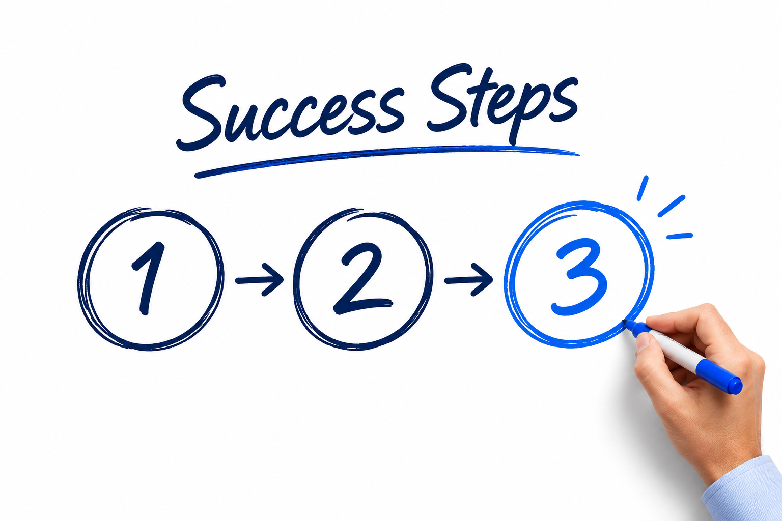 Whiteboard progression illustrating success steps 1, 2, and 3