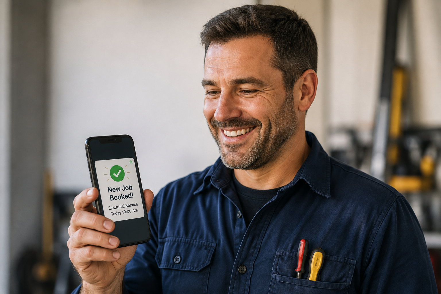 Electrician smiling at phone showing 'New Job Booked!' notification