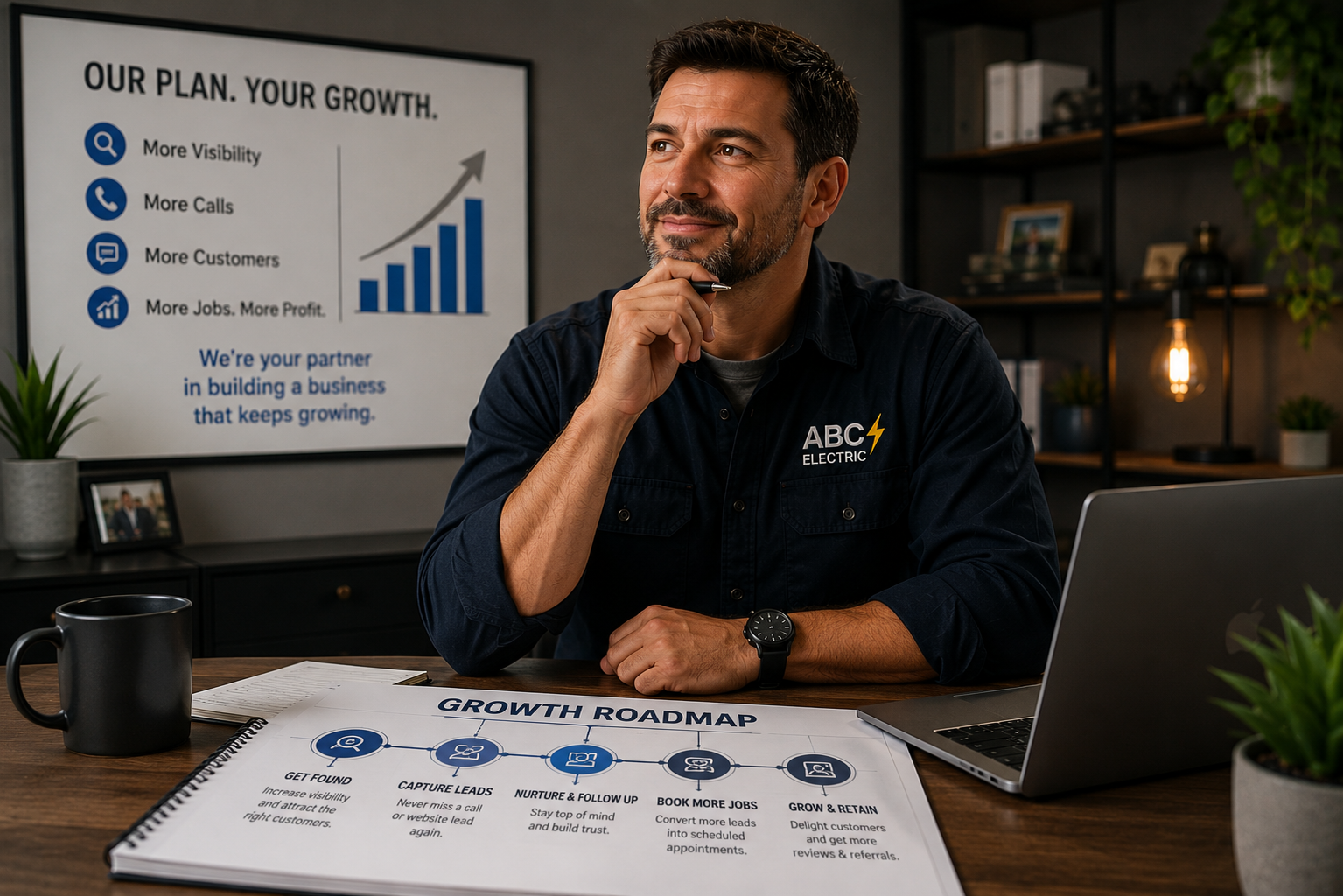 Electrical business owner reviewing his growth plan and strategy