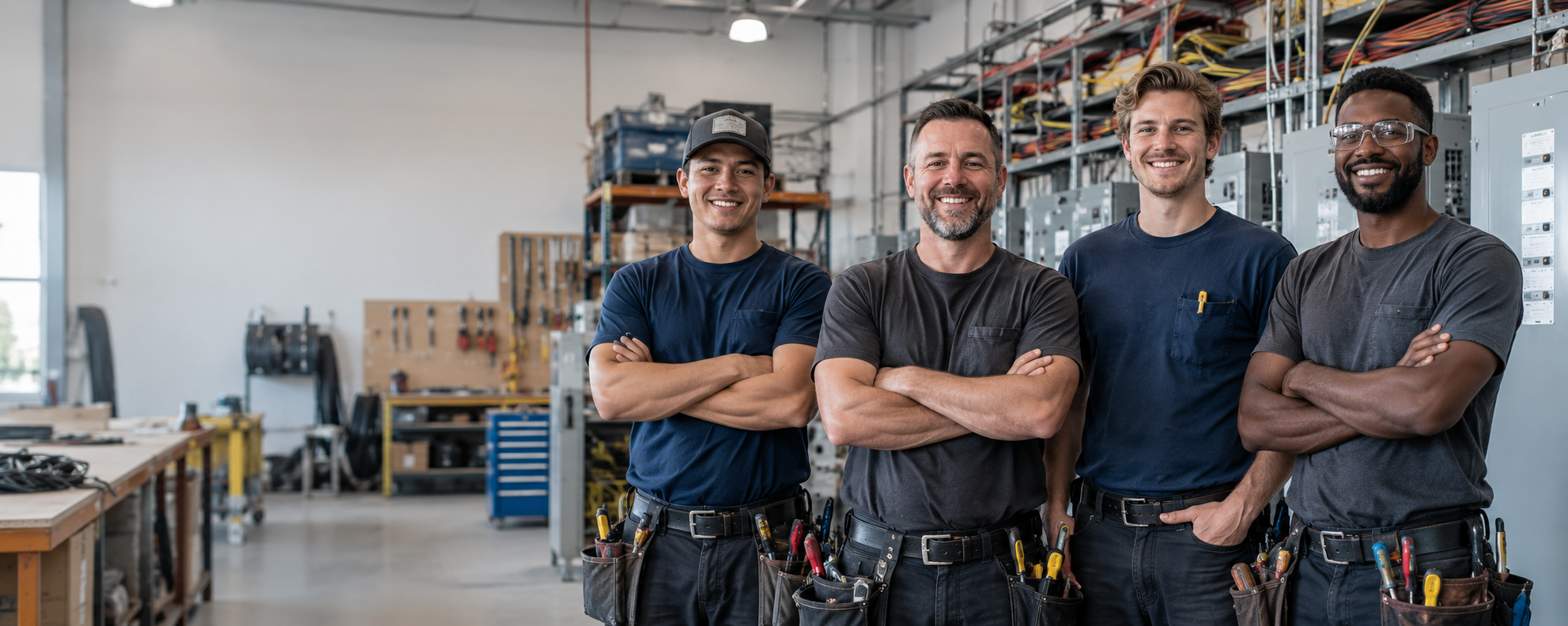 Four electricians standing together in a bright, modern workshop