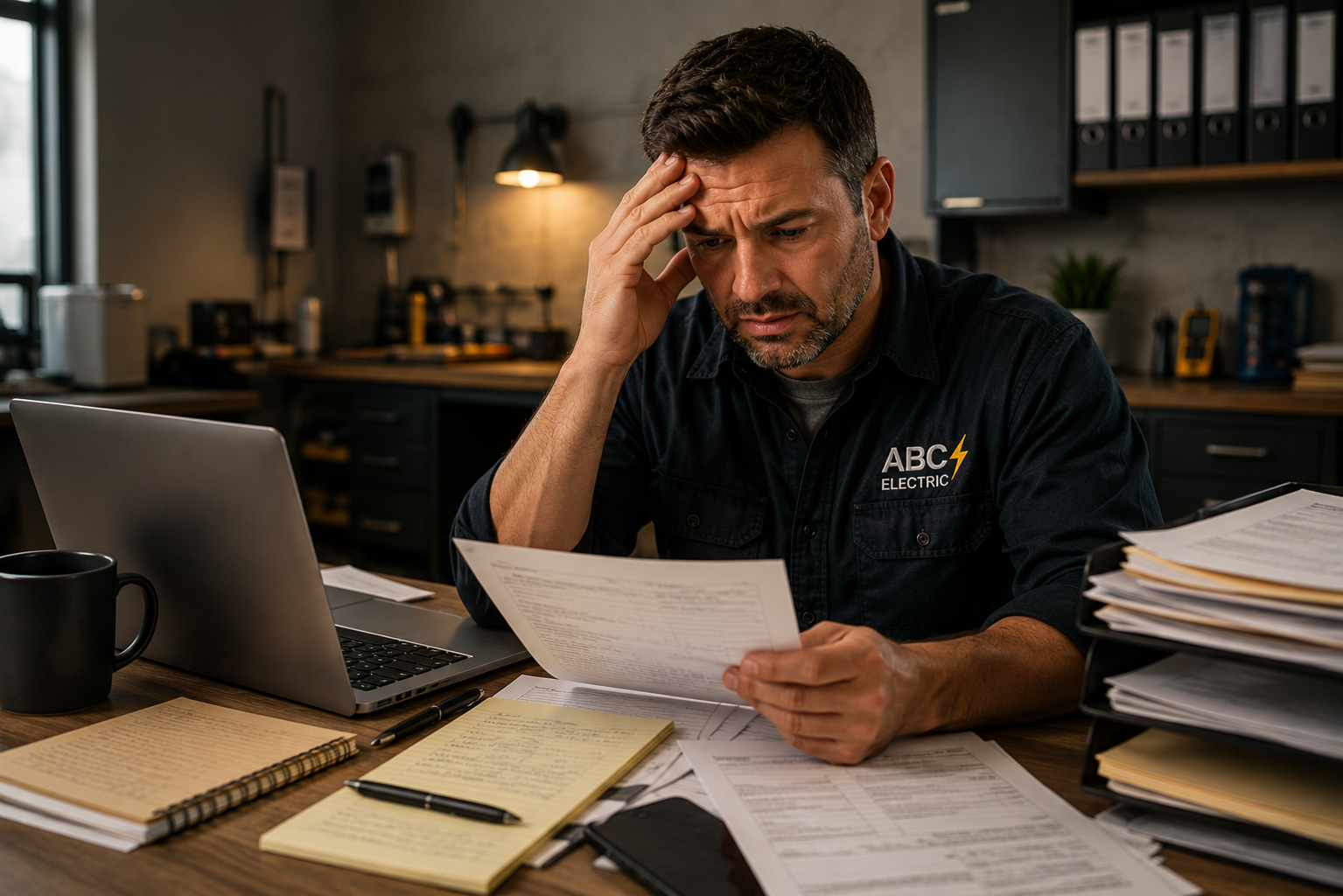Overwhelmed electrical contractor managing business calls and workload