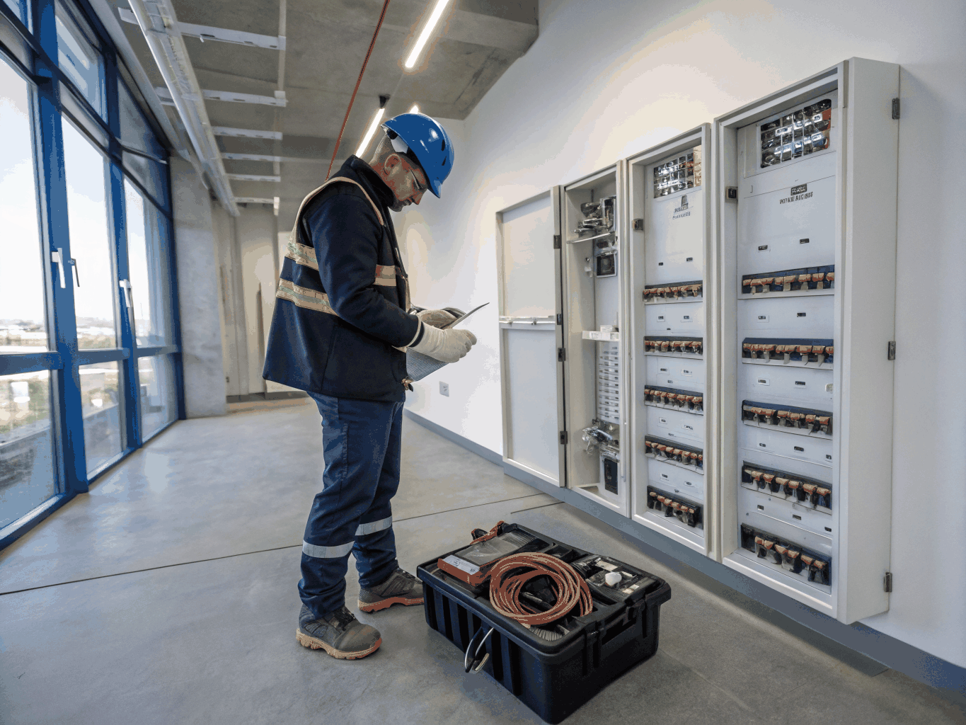 Electrician working on commercial conduit distribution panel