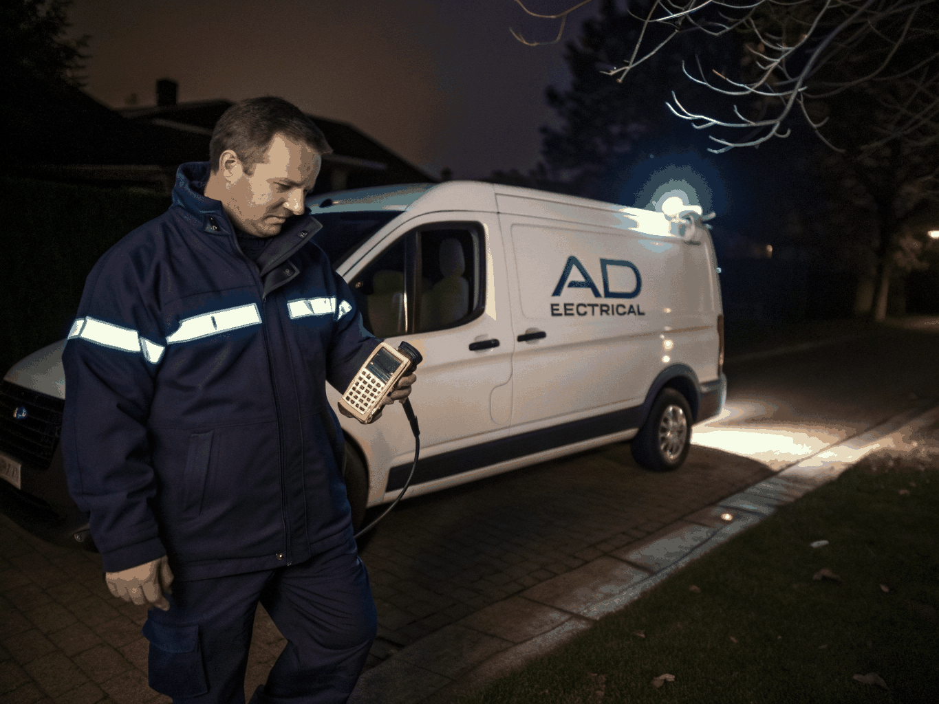 Professional electrical technician greeting a returning homeowner at their front door