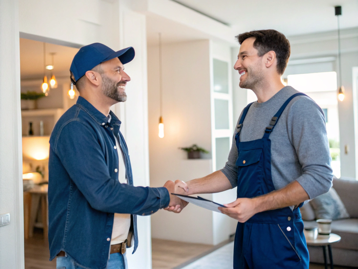 Certified electrician greeting happy homeowner after completing installation