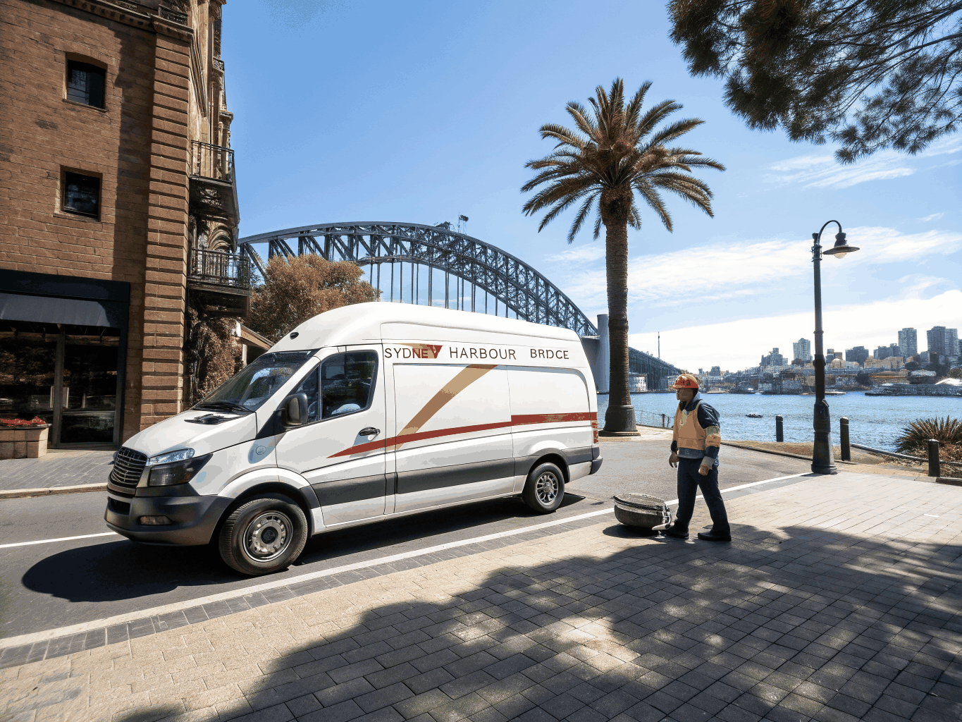 Electrician service truck organized with tools on an active commercial work site