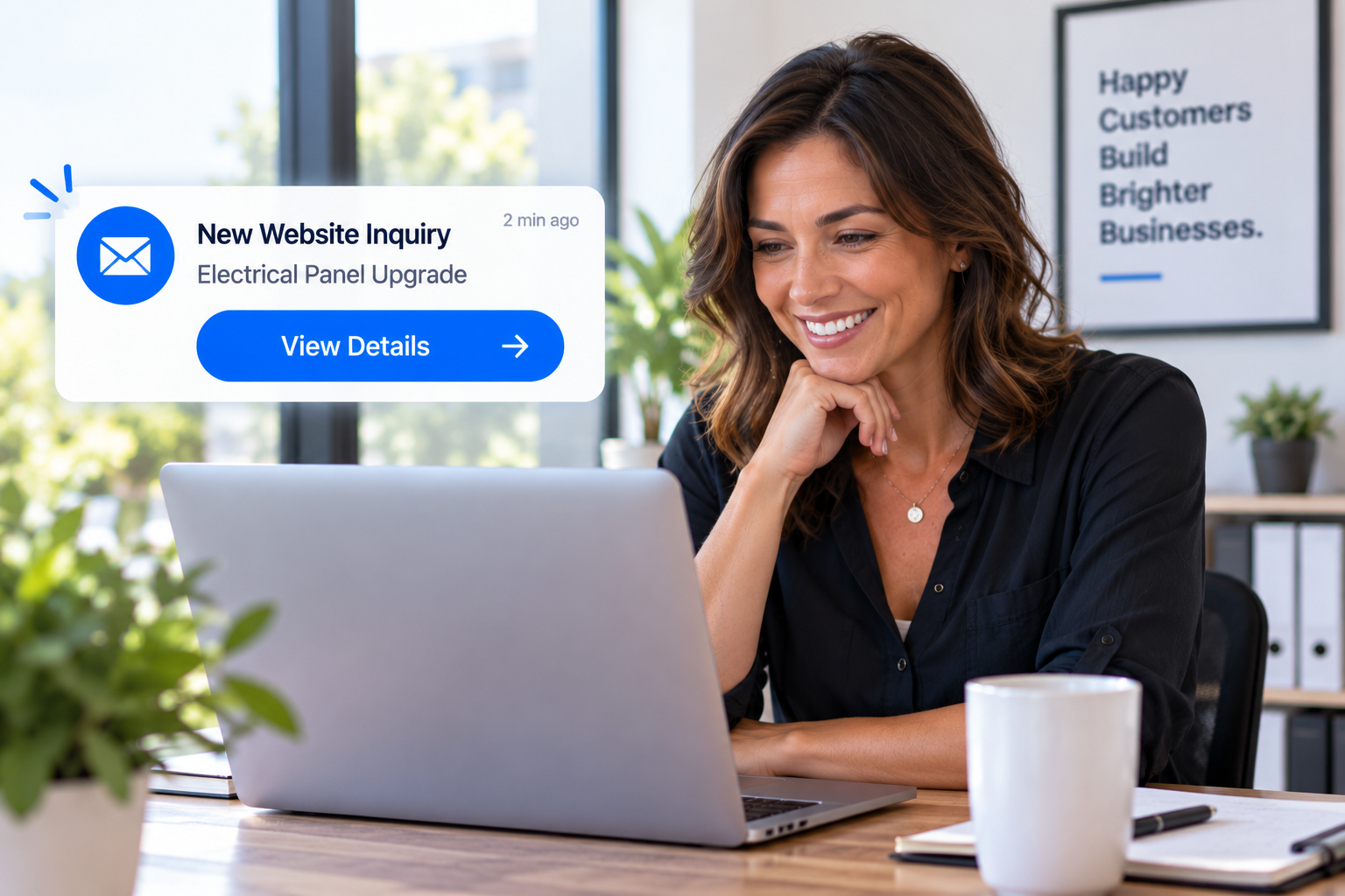 Business professional at a laptop receiving a website inquiry notification with prospect details