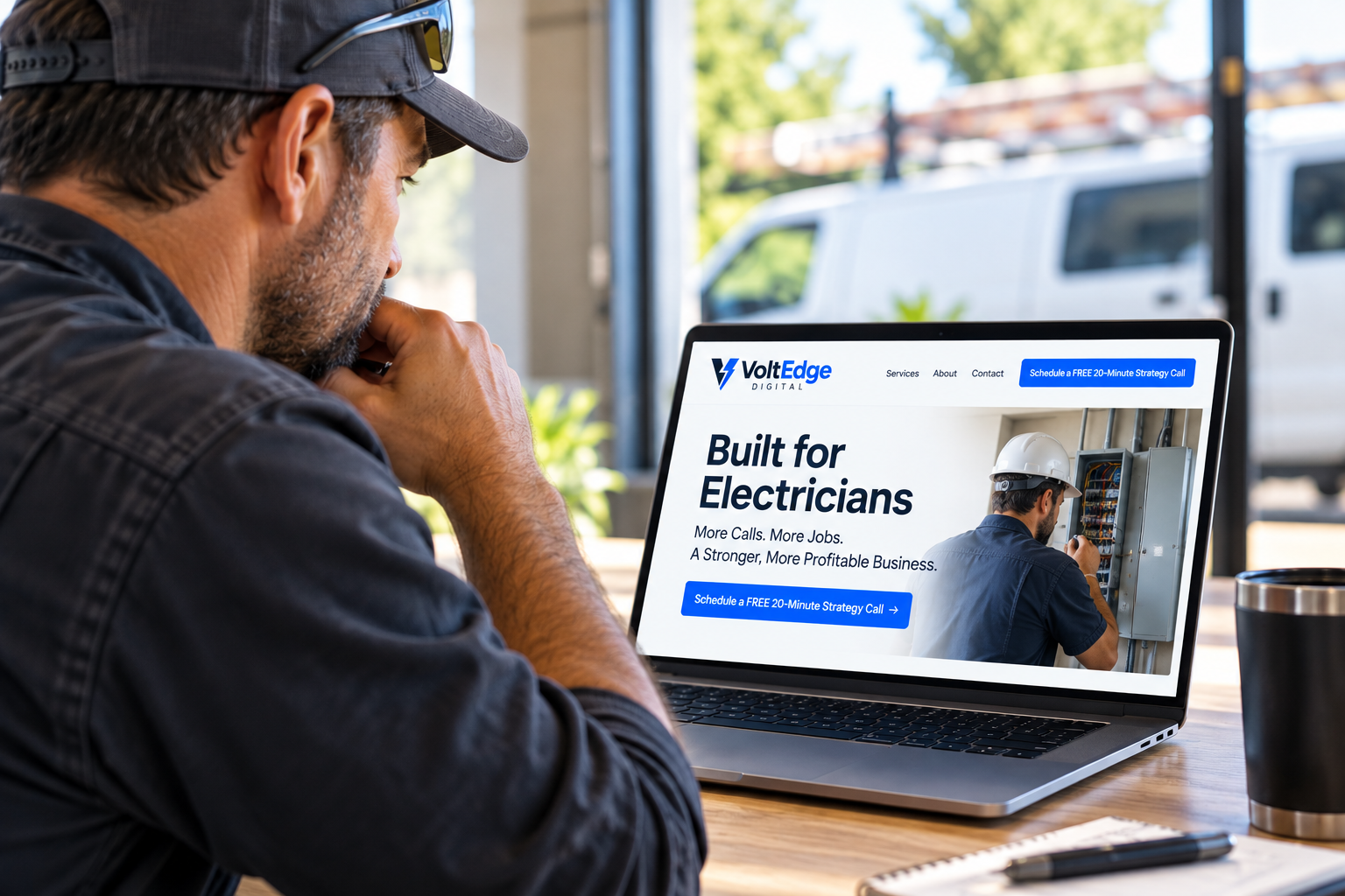Electrician working at a laptop with a service van in the background