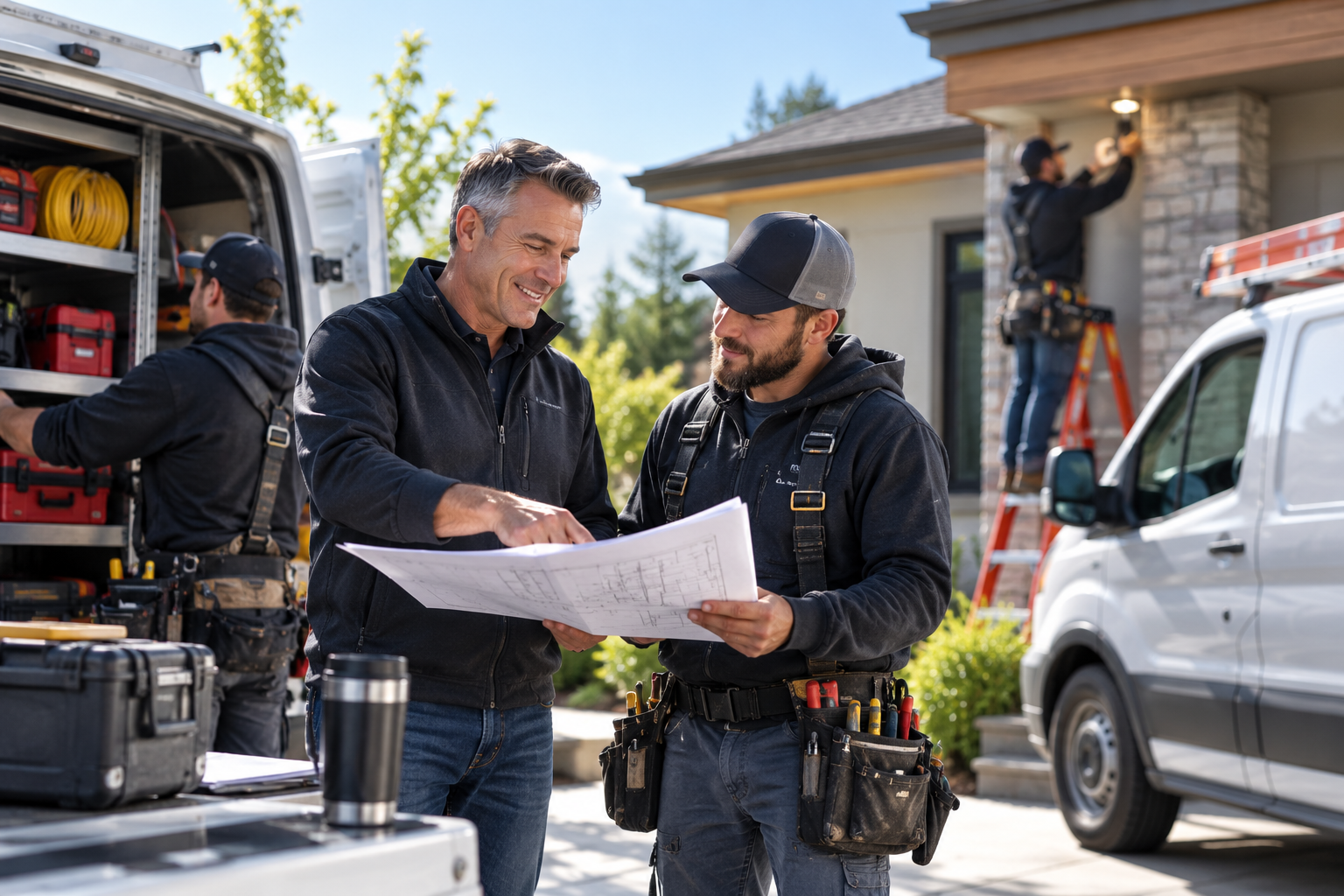 Contractors reviewing blueprints on a job site