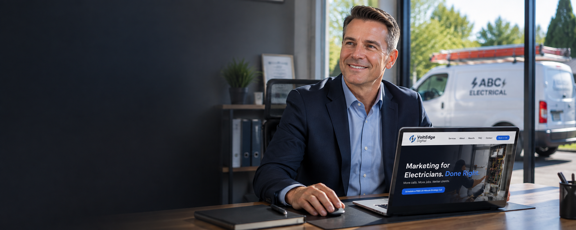 Electrical contractor at desk reviewing business systems on laptop