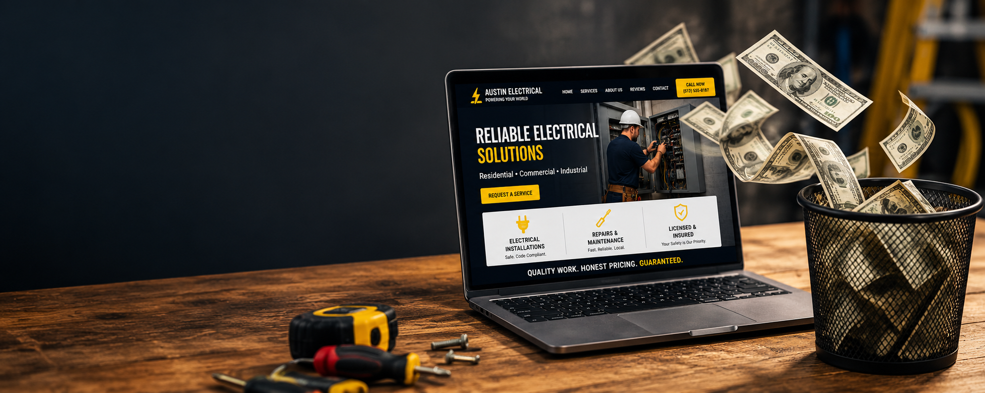 Modern high-converting website design on workstation for electrical contractors