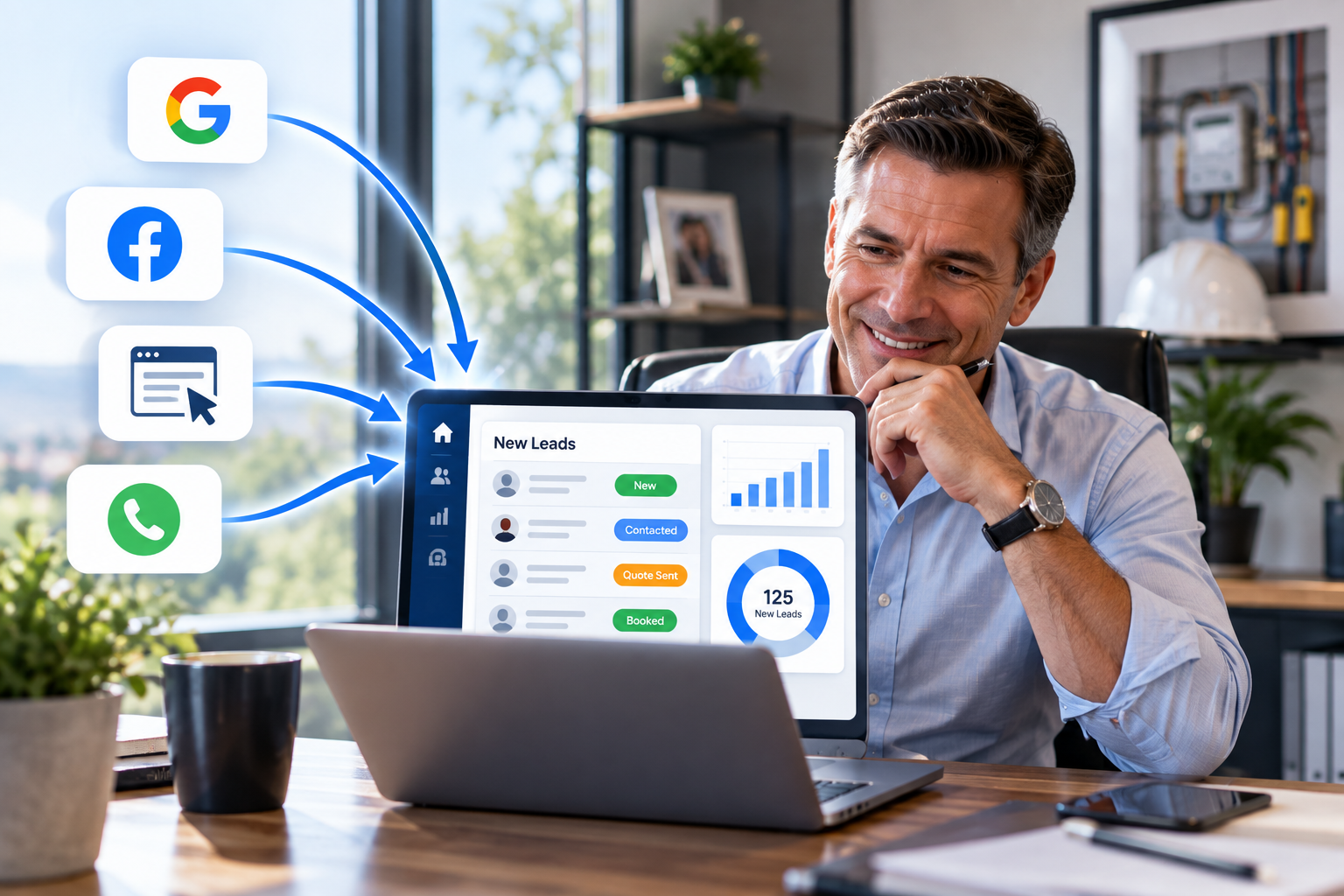 Business owner reviewing consistent lead generation and customer conversion metrics