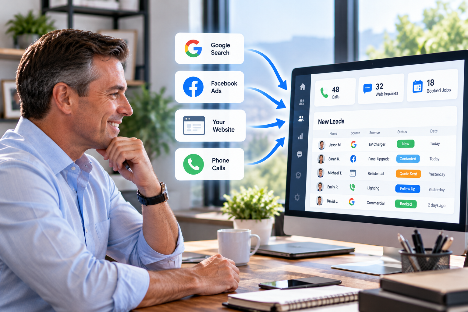Business owner reviewing lead generation reports and sales opportunities on a computer