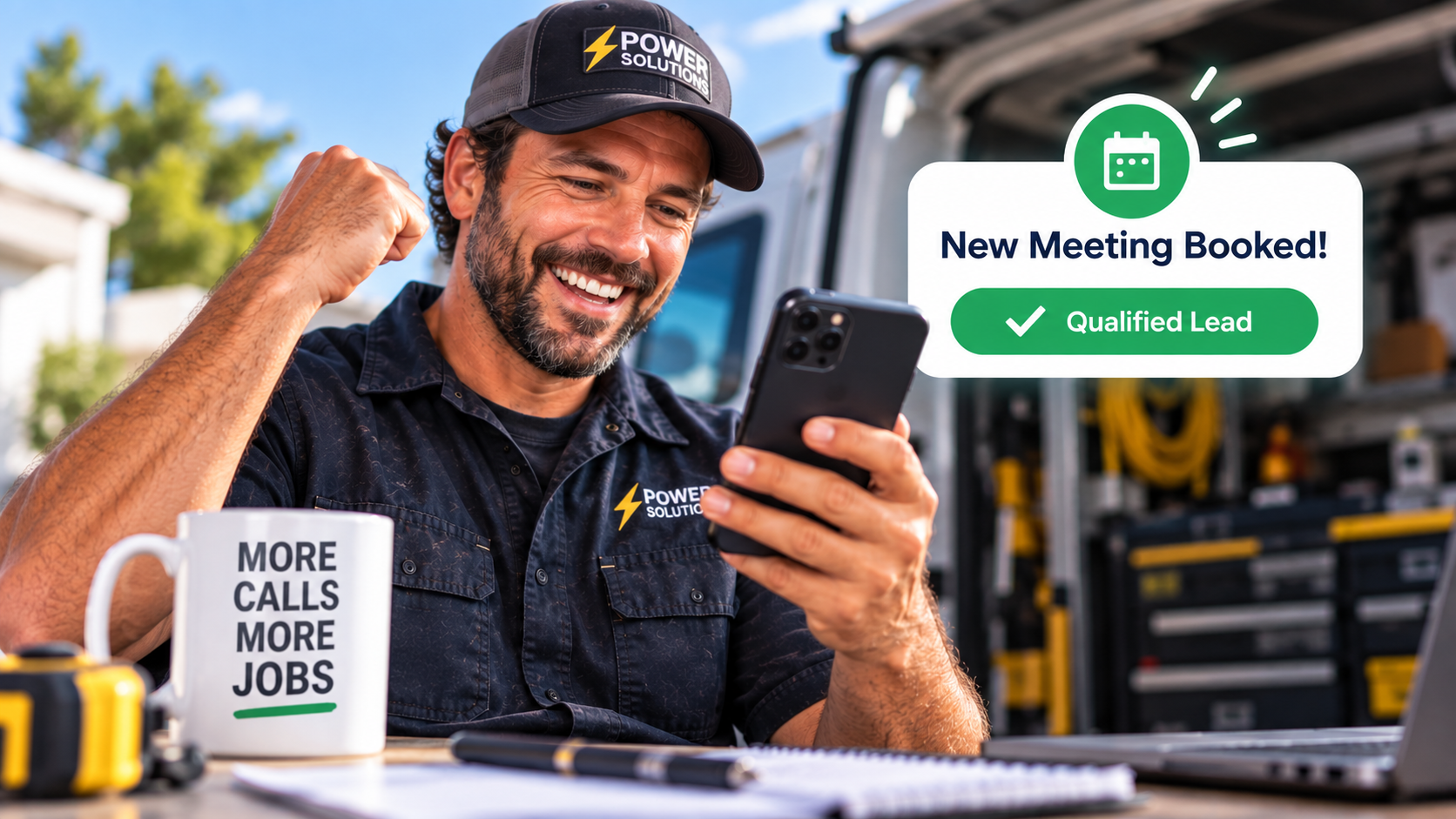 Electrician smiling after receiving a qualified booking on smartphone