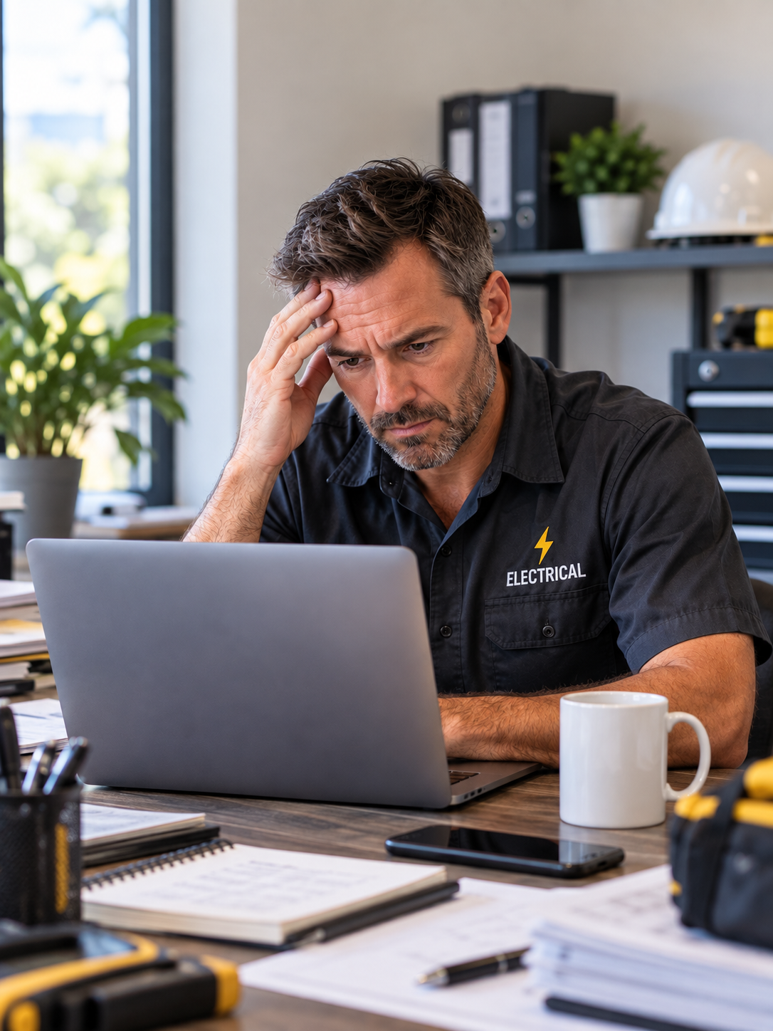 concerned electrical contractor working at his laptop