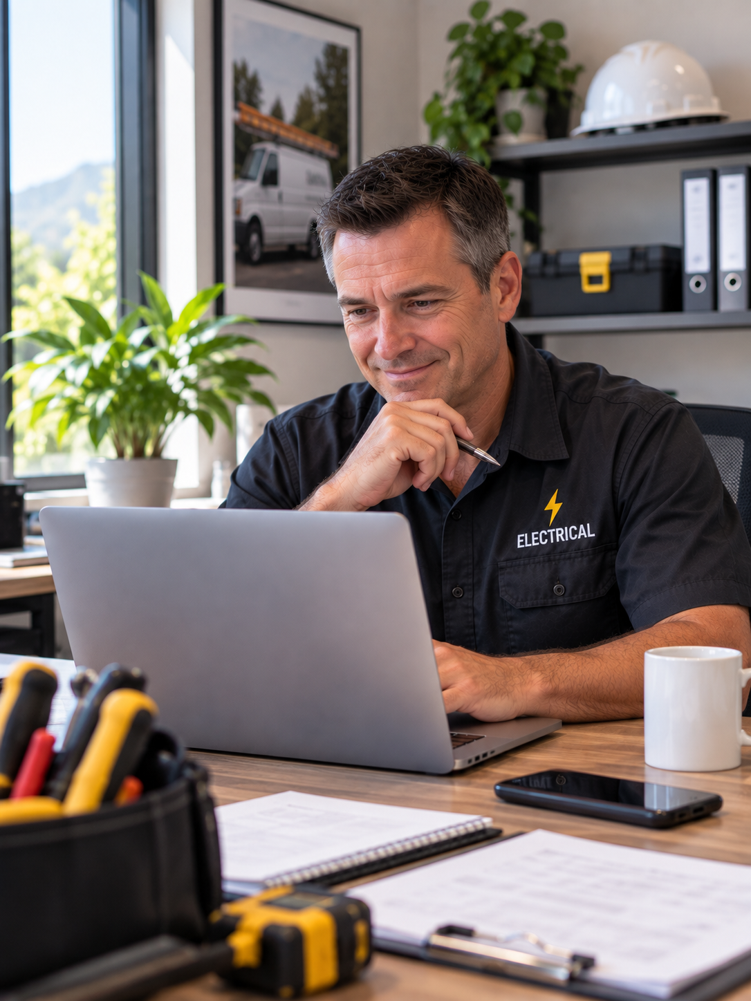 confident electrical contractor calmly working at his laptop