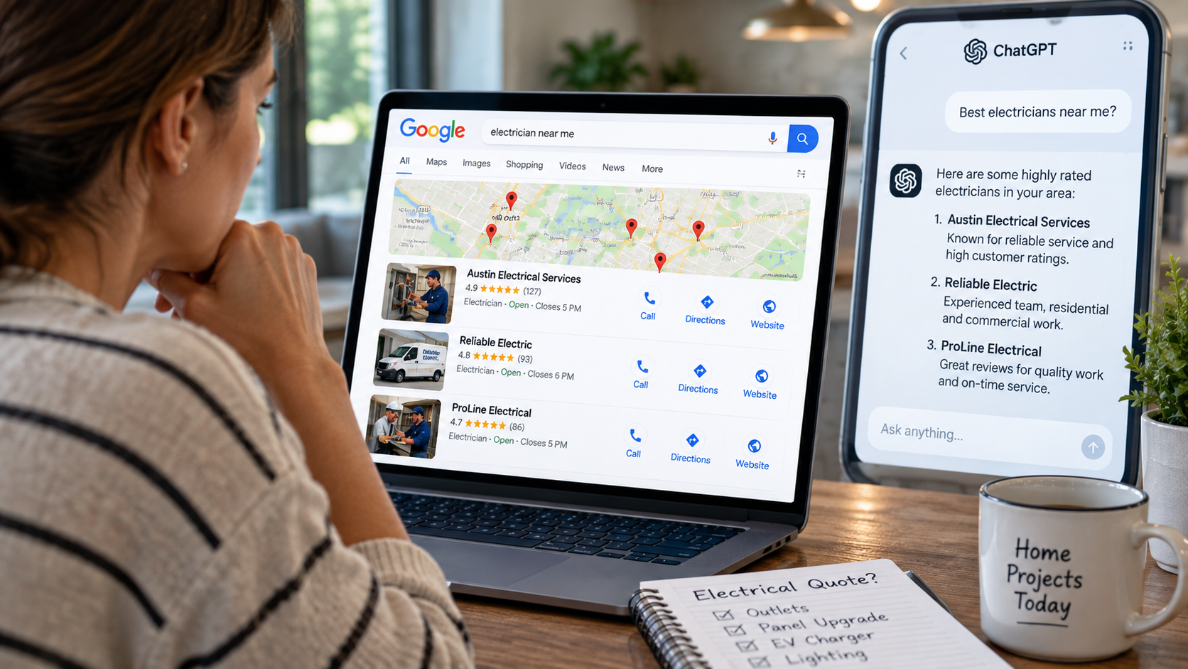 Customer searching for electricians on Google Maps and AI search platforms