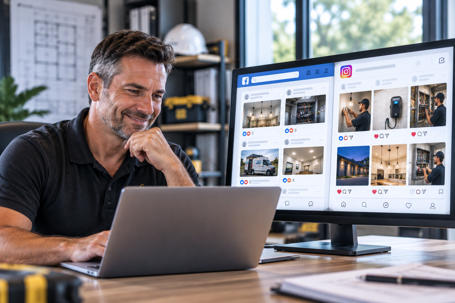Happy, confident business owner reviewing his professionally managed social media