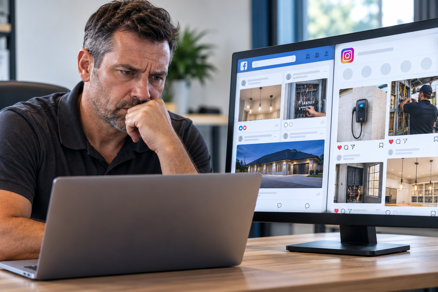 Concerned business owner looking at his social media