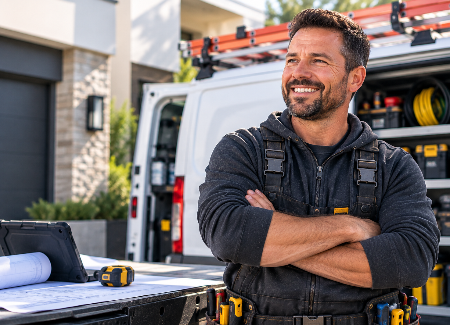 Electrician standing beside an organized service van