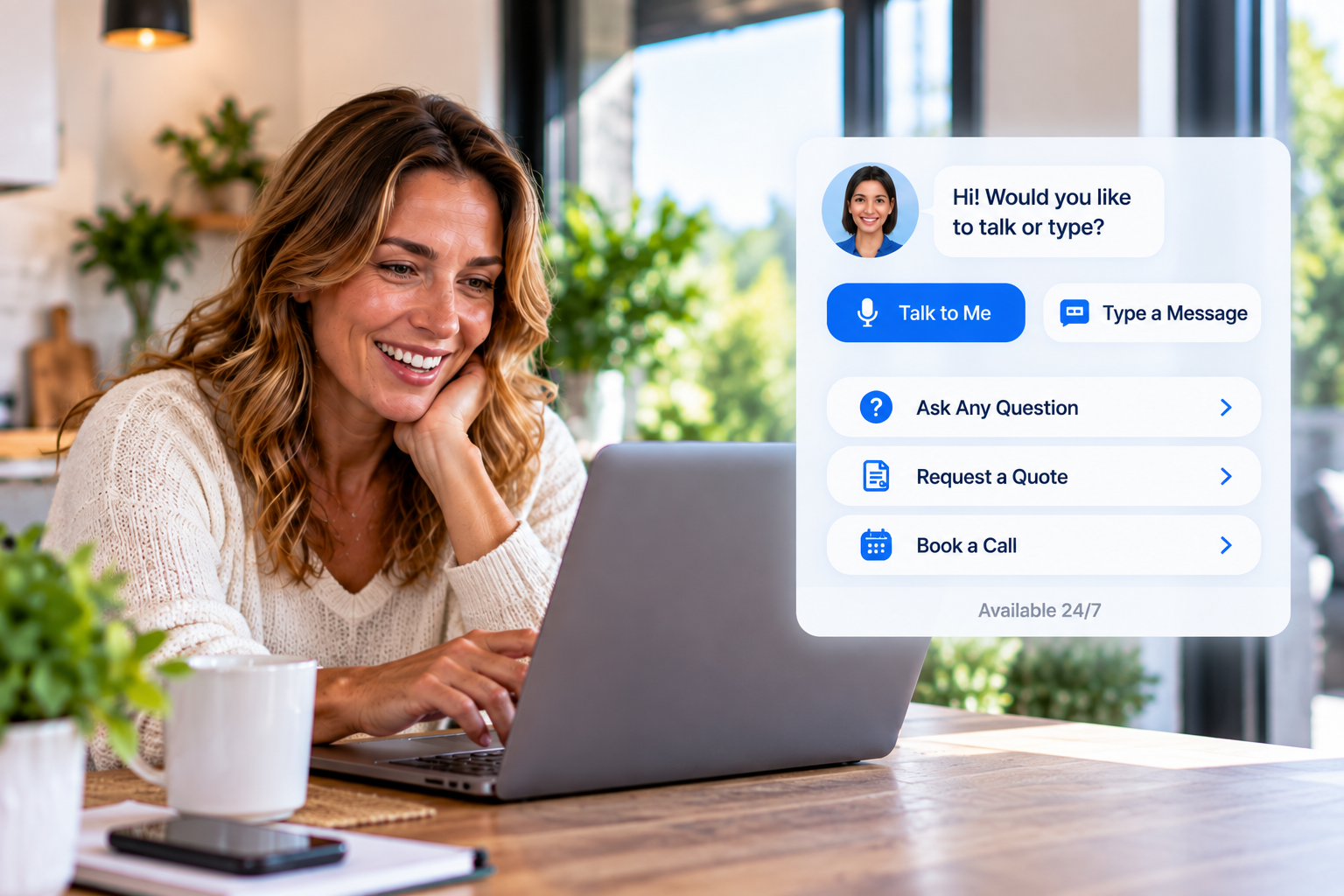 Woman at a laptop interacting with a floating AI chat and voice assistant widget showing conversation options