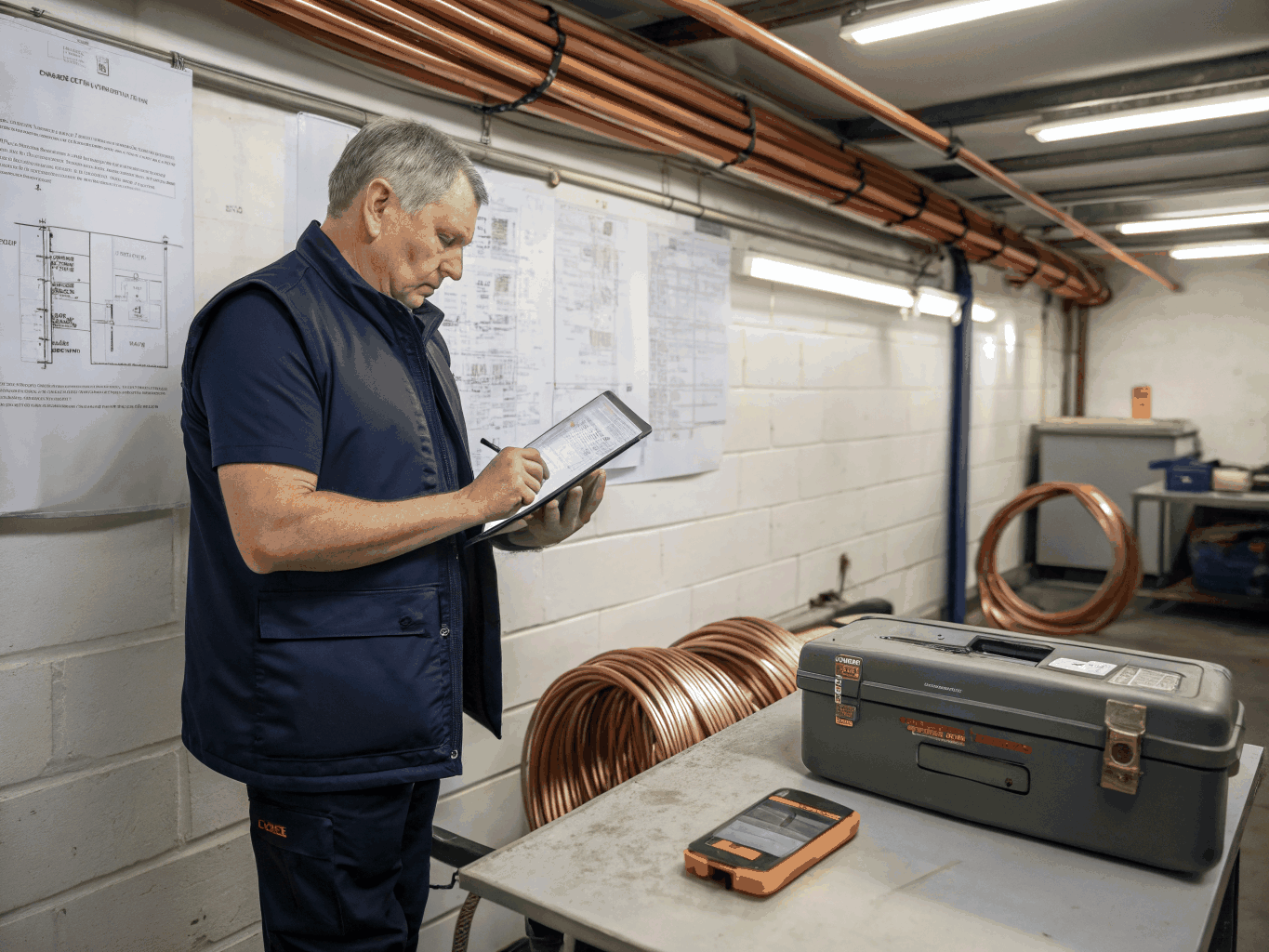Electrical contractor reviewing strategy blueprints and operational systems