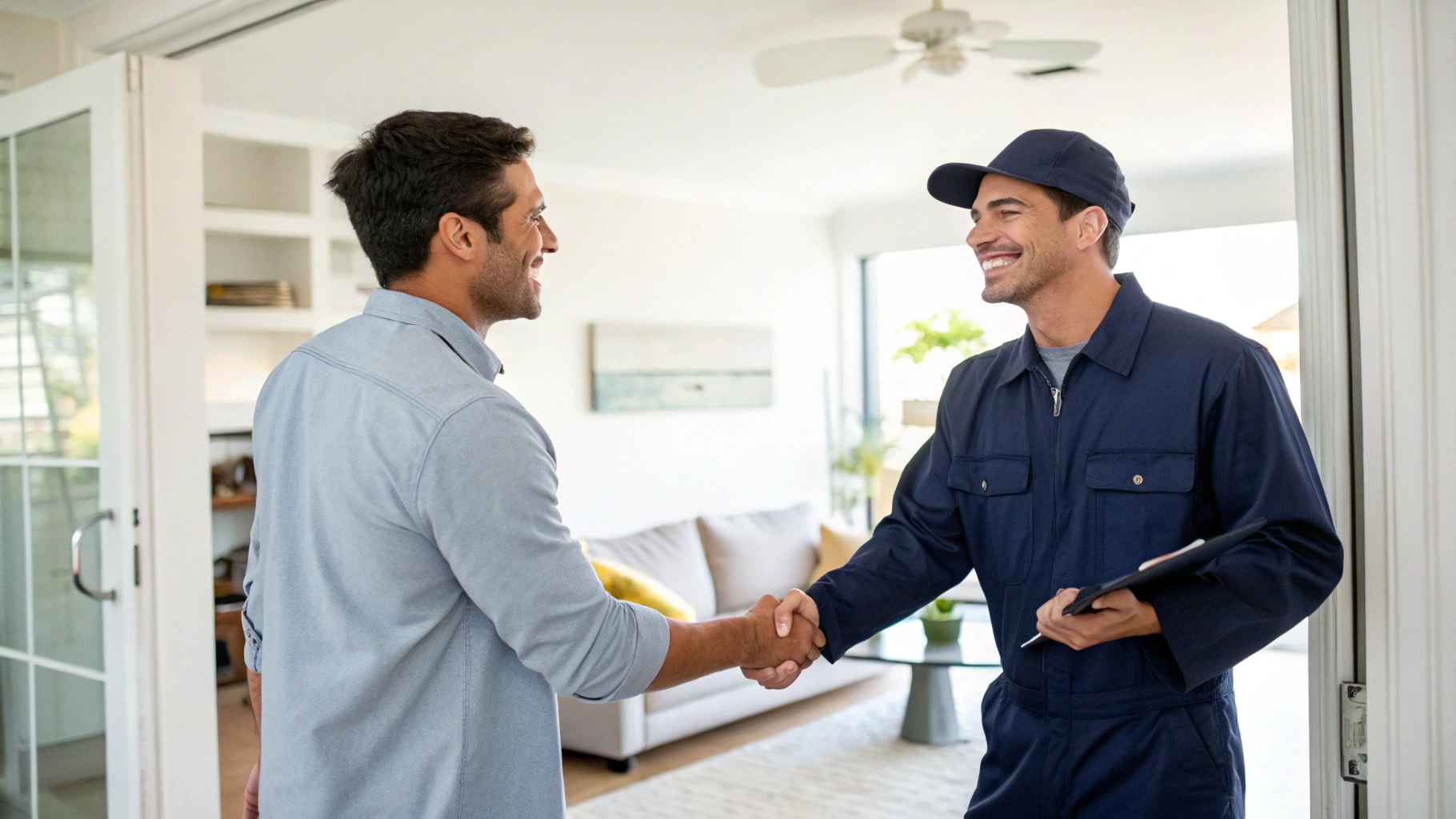 Professional electrician greeting a returning homeowner at their front door