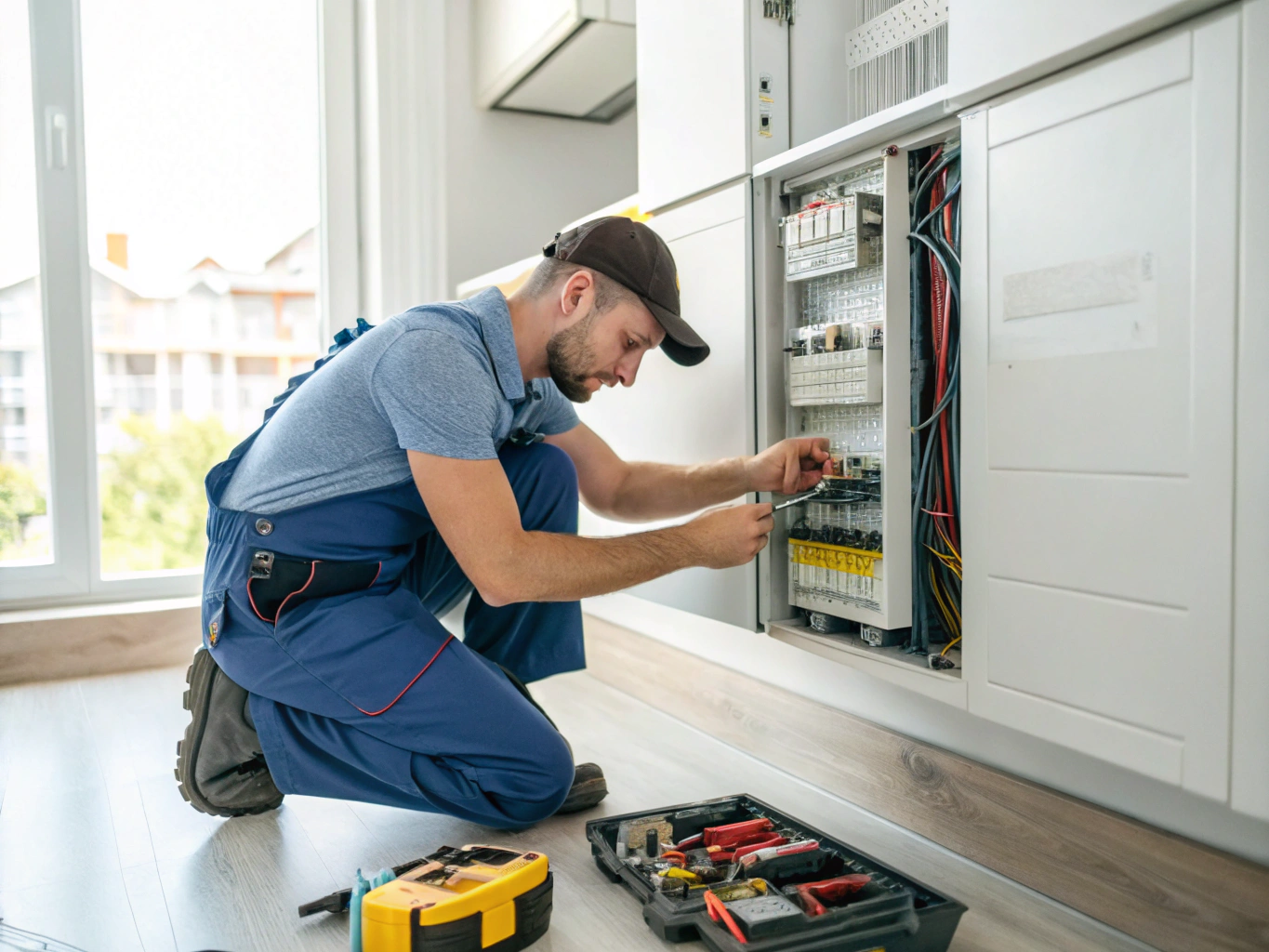 Professional electrician inspecting an electrical panel