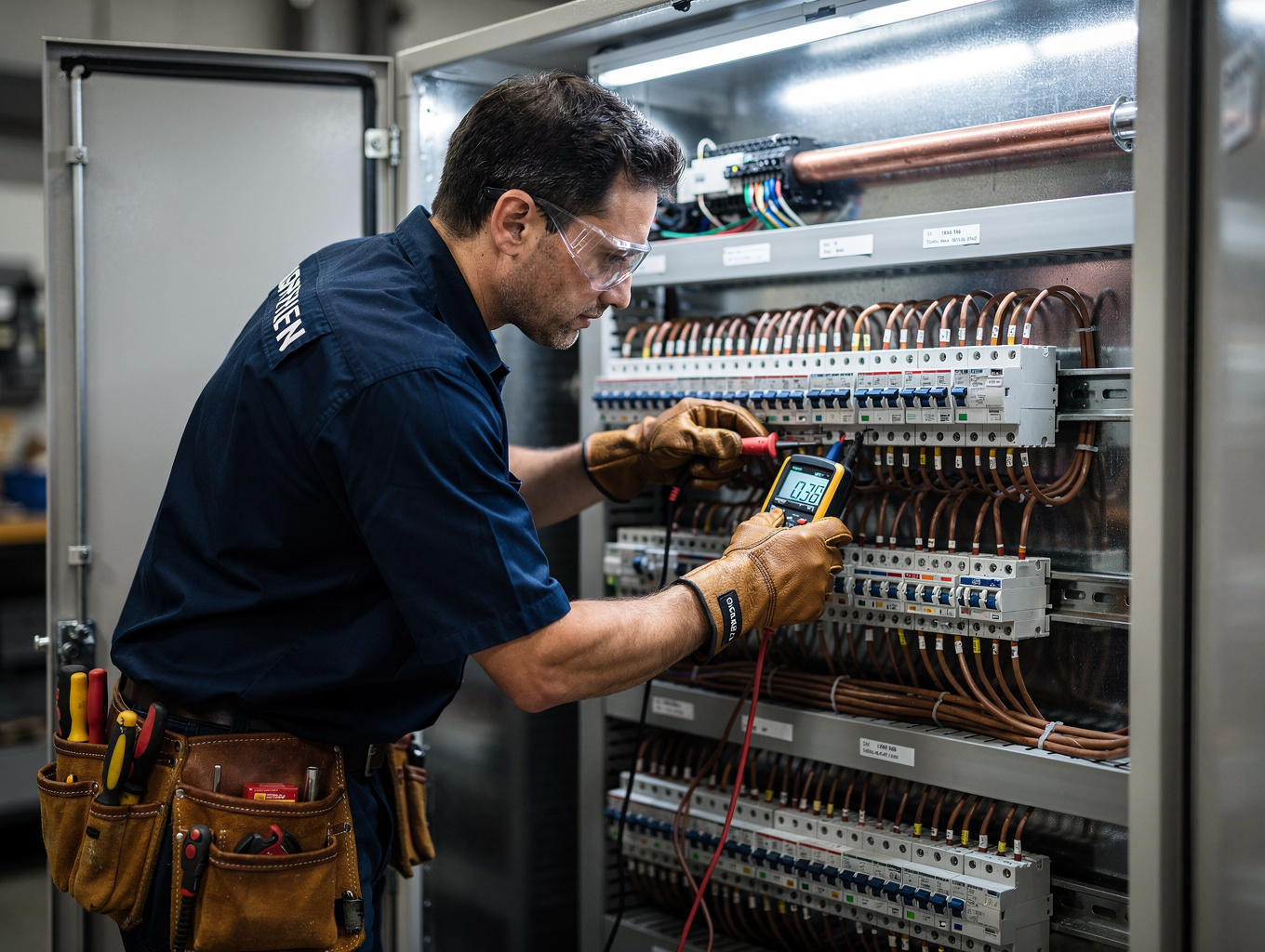 Master electrician servicing commercial electrical systems