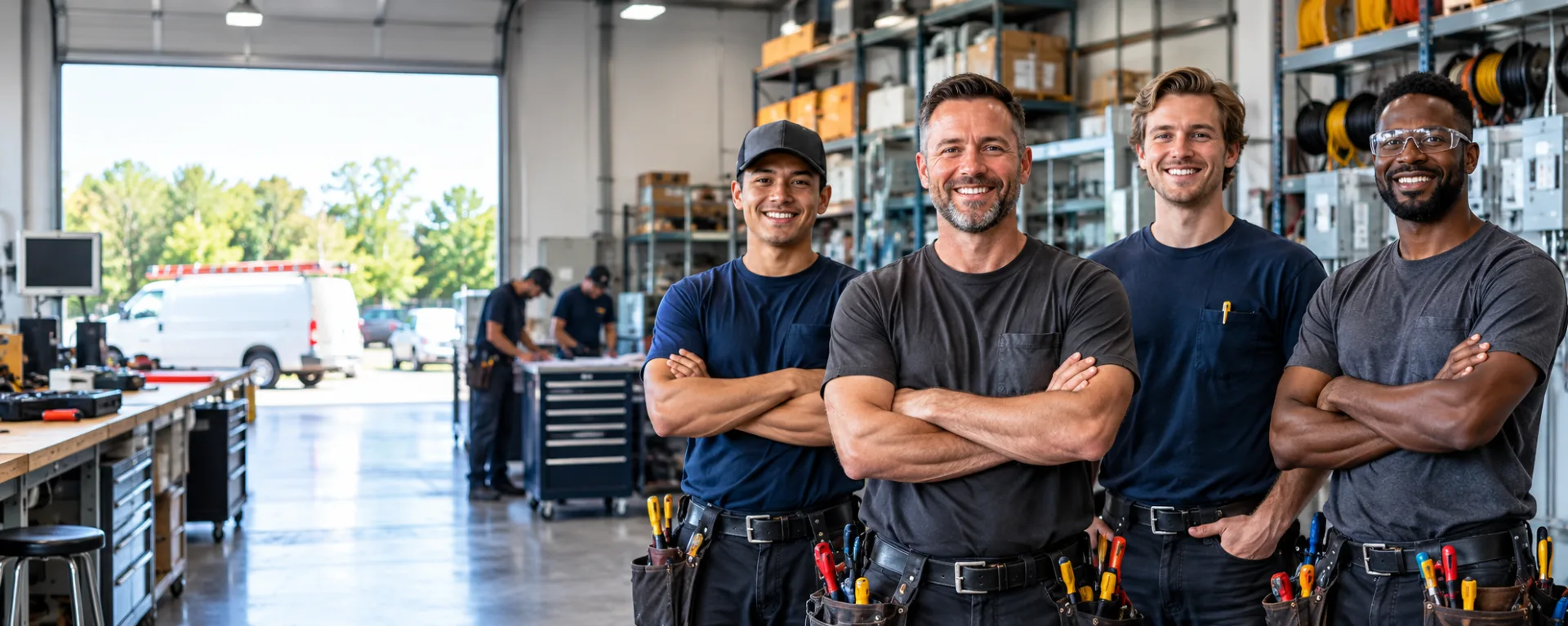 Four electricians standing together in a bright, modern workshop